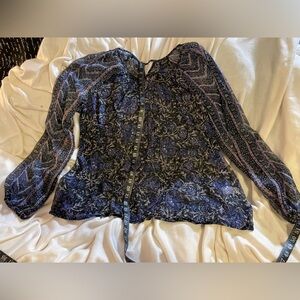 Lucky Brand purple-blue Hippie Long Sleeve Tie Front Blouse